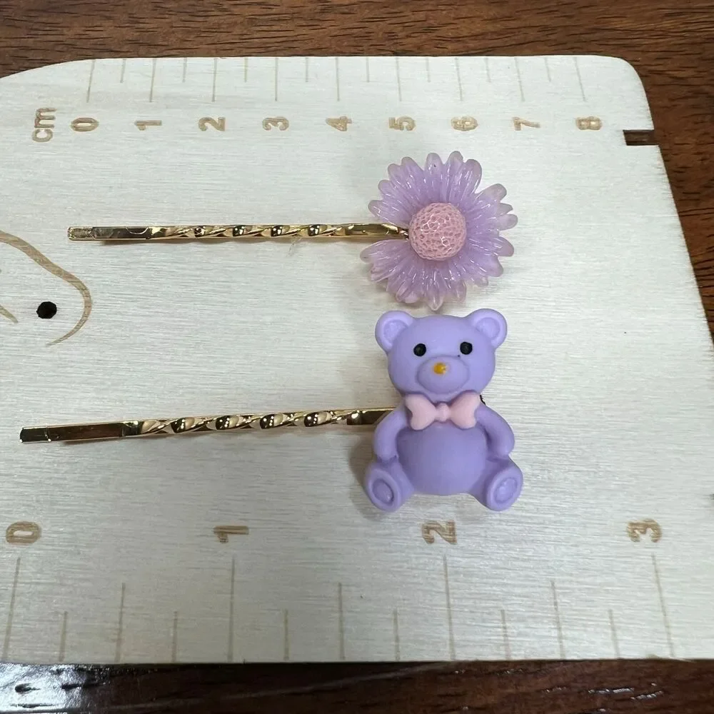 Hair pins fashion bear flower ribbon hair pin 4PC set Purple anime LA Comic